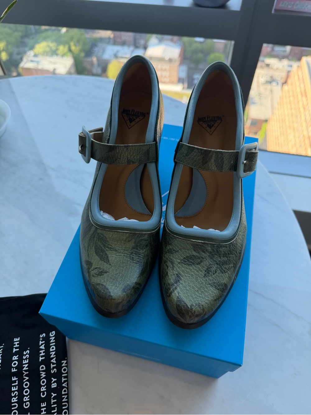 John Fluevog Leonora Green Floral Mary Jane Women's Heeled Shoes (7.5)